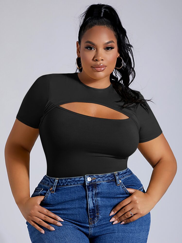 SHEIN SXY Plus Solid Cut Out Bodysuit - Black - View 4