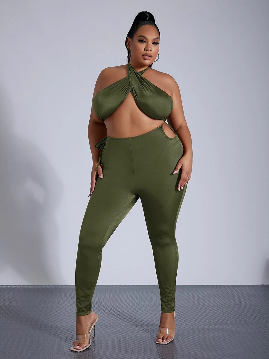 SHEIN SXY Bộ thời trang Plus Size Lộ Lưng Hội Chữ thập Cắt ra Buộc lại màu trơn Gợi cảm - xanh quân đội - Xem 1