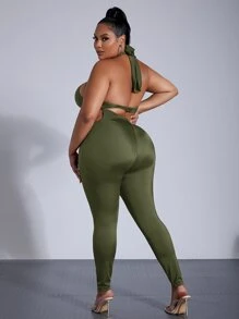 SHEIN SXY Bộ thời trang Plus Size Lộ Lưng Hội Chữ thập Cắt ra Buộc lại màu trơn Gợi cảm - xanh quân đội - Xem 2