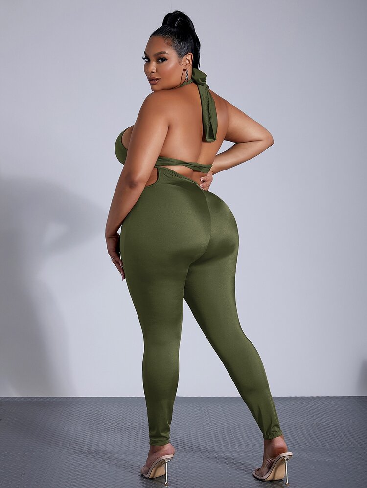 SHEIN SXY Bộ thời trang Plus Size Lộ Lưng Hội Chữ thập Cắt ra Buộc lại màu trơn Gợi cảm - xanh quân đội - Xem 2