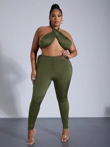 SHEIN SXY Bộ thời trang Plus Size Lộ Lưng Hội Chữ thập Cắt ra Buộc lại màu trơn Gợi cảm - xanh quân đội - Xem 3