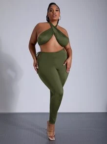 SHEIN SXY Bộ thời trang Plus Size Lộ Lưng Hội Chữ thập Cắt ra Buộc lại màu trơn Gợi cảm - xanh quân đội - Xem 4