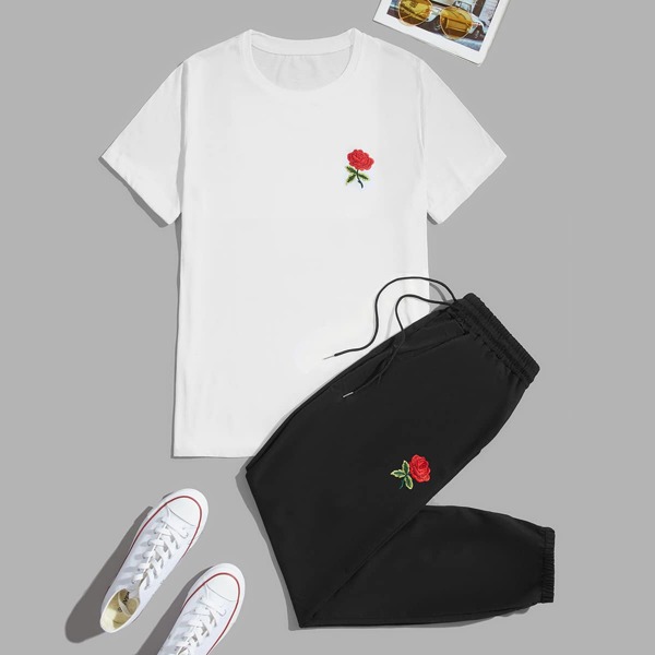 

Men Floral Embroidery Tee & Drawstring Sweatpants, Black and white