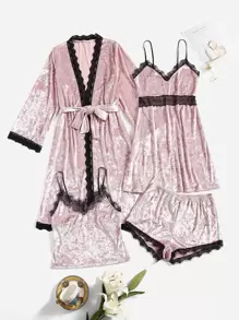 4 bộ lông mi tương phản ren thắt lưng nhung PJ Set / Bộ đồ ngủ - Màu Hồng baby - Xem 1