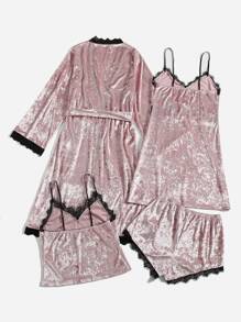 4 bộ lông mi tương phản ren thắt lưng nhung PJ Set / Bộ đồ ngủ - Màu Hồng baby - Xem 2