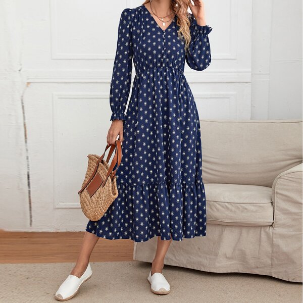 

Allover Print Flounce Hem A-line Dress, Navy blue