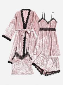 4 bộ lông mi tương phản ren thắt lưng nhung PJ Set / Bộ đồ ngủ - Màu Hồng baby - Xem 4