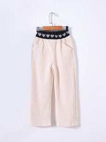 Niñas Pantalones con bordado de corazón con cinta en contraste tejido de canalé - Albaricoque - Ver 1