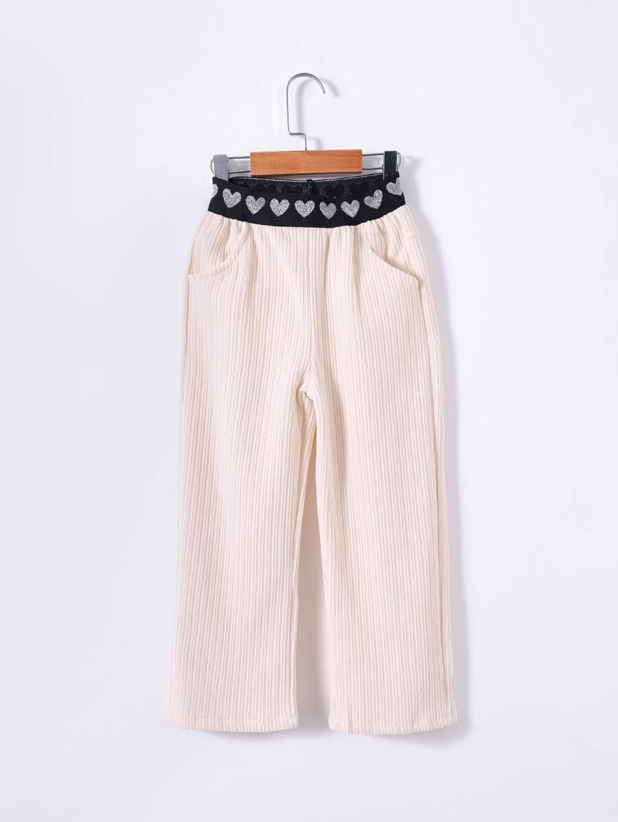 Niñas Pantalones con bordado de corazón con cinta en contraste tejido de canalé - Albaricoque - Ver 1