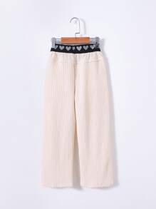 Niñas Pantalones con bordado de corazón con cinta en contraste tejido de canalé - Albaricoque - Ver 2