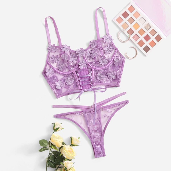 

Embroidery Mesh Applique Underwire Lingerie Set, Purple