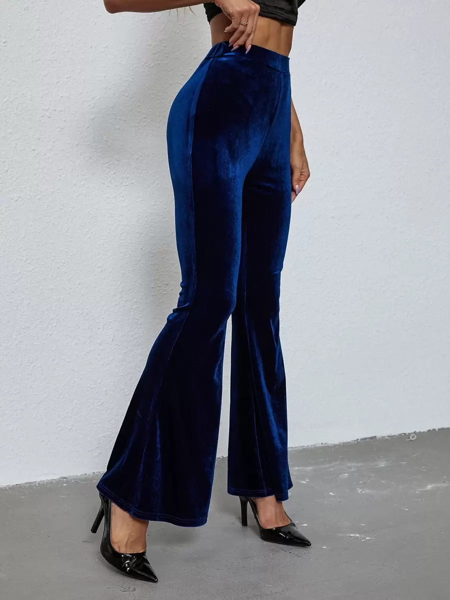SHEIN Allurite High Waist Velvet Flare Leg Trousers - Navy Blue - View 1