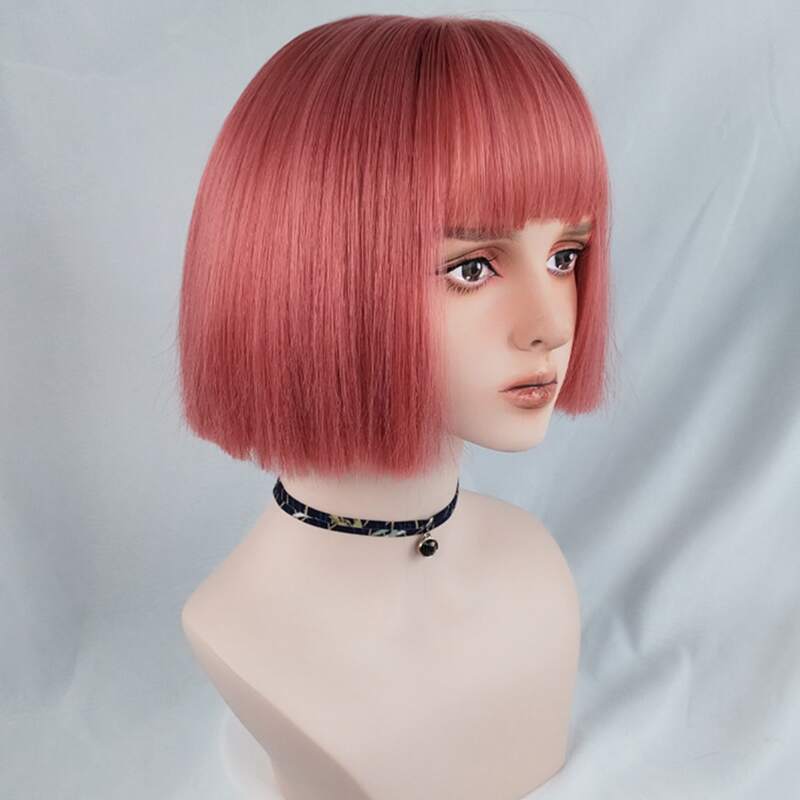 

Natural Short Wig With Bangs, Hot pink