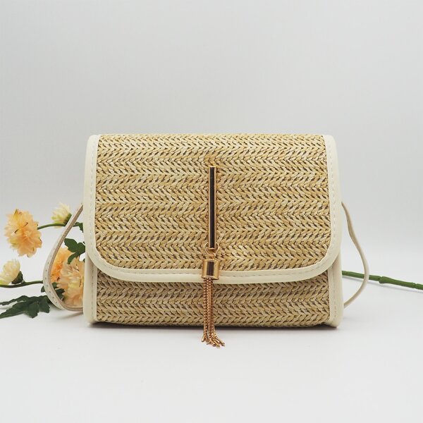 

Straw Detail Tassel Decor Square Bag, Apricot