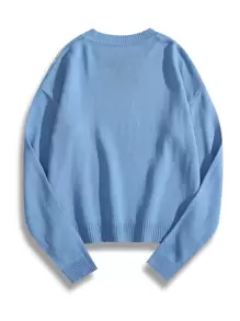 SHEIN Unity 蝴蝶樣式落肩袖套頭毛衣 - 藍色 - 查看 2