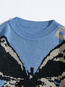 SHEIN Unity 蝴蝶樣式落肩袖套頭毛衣 - 藍色 - 查看 3