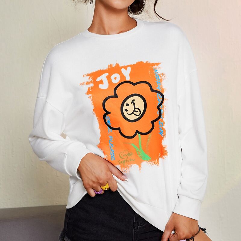 

Drop Shoulder Cartoon & Letter Graphic Pullover, White