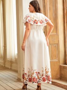 Modelyn Plus Floral Print Tie Side Wrap Dress - Beige - View 2