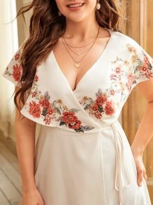 Modelyn Plus Floral Print Tie Side Wrap Dress - Beige - View 4