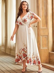 Modelyn Plus Floral Print Tie Side Wrap Dress - Beige - View 5