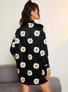 SHEIN Vestido túnico de cuello con cordón con estampado floral de hombros caídos - Negro - Ver 2