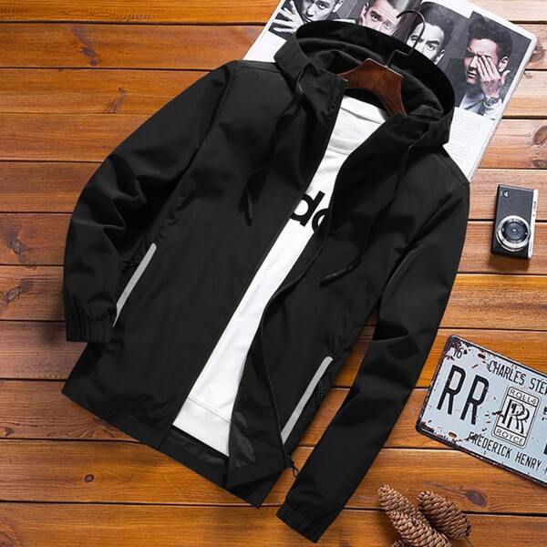 

Men Zip Pocket Drawstring Hooded Jacket Without Tee, Black