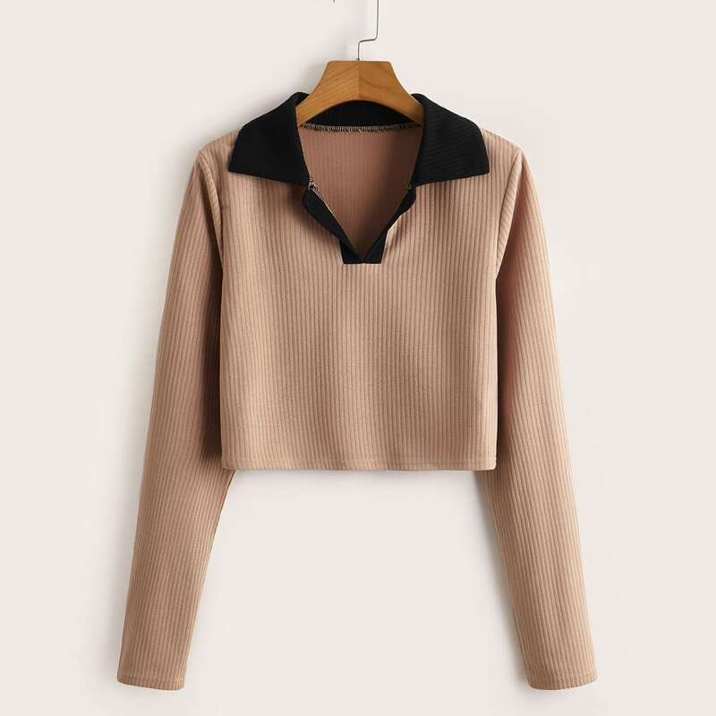 

Contrast Collar Ribbed Crop Tee, Khaki