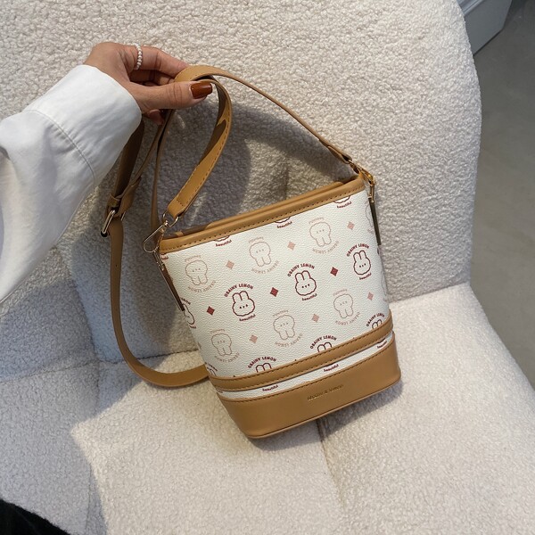 

Cartoon Graphic Letter Detail Bucket Bag, Beige