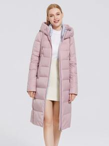Zipper Front Drawstring Detail Padded Coat - Dusty Pink - View 1