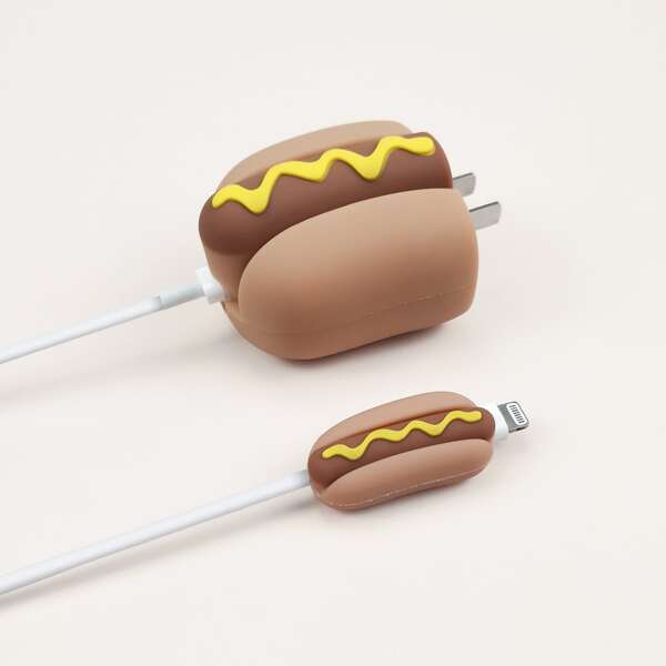 

2pcs Hot Dog Design Data Cable Protector, Coffee brown