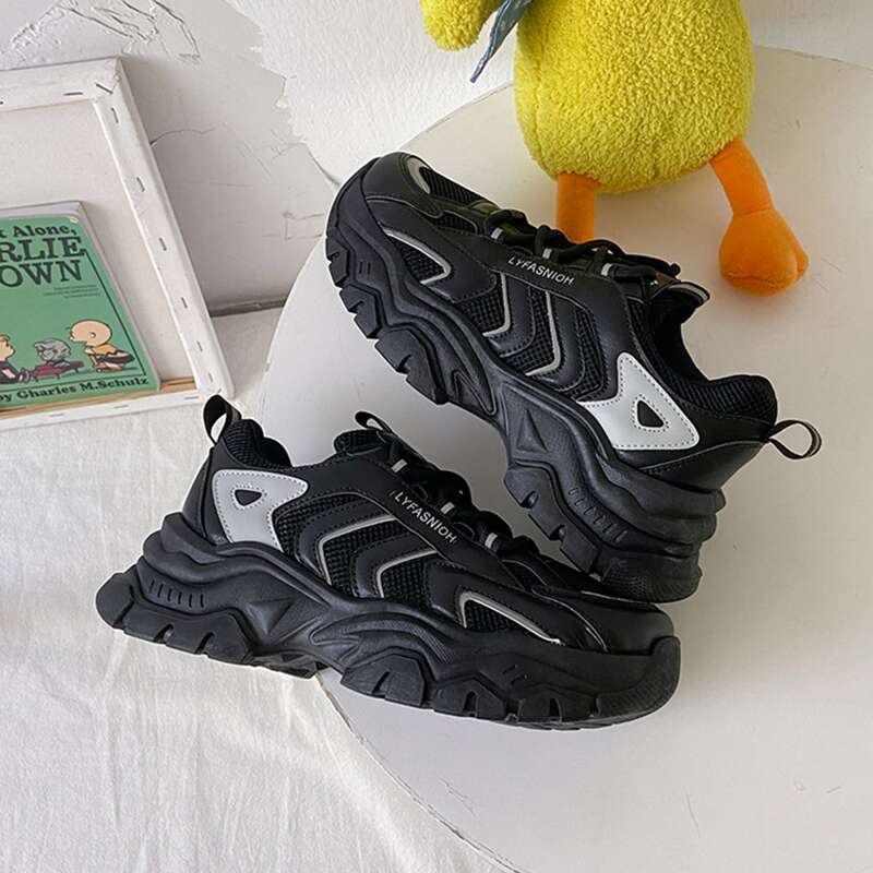 

Lace-up Front Mesh Panel Sneakers, Black