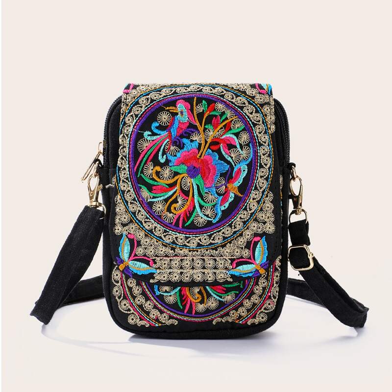 

Embroidery Flap Crossbody Bag, Multicolor