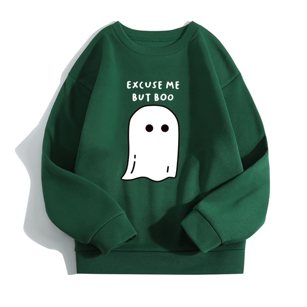 

Slogan & Ghost Print Thermal Lined Sweatshirt, Dark green