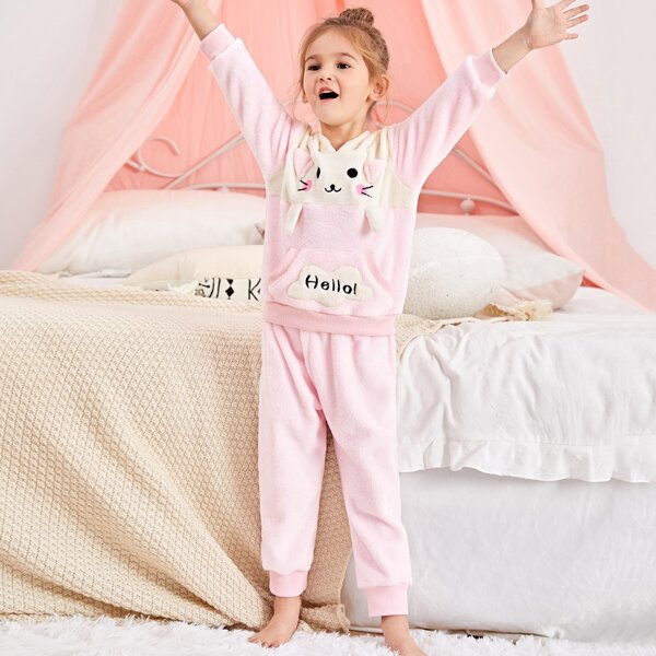 

для девочек и с текстовой вышивкой 1шт Худи & 1шт Брюки, Многоцветный