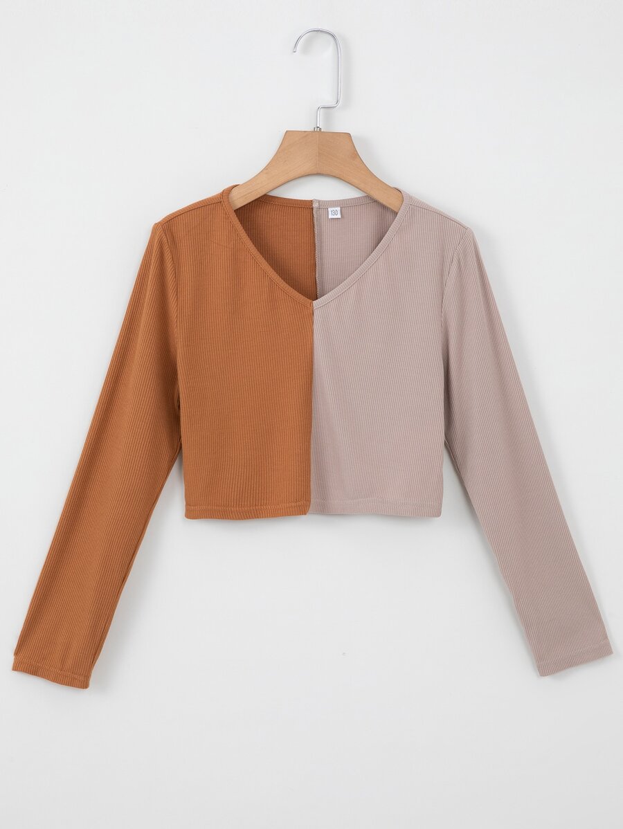 Girls Two Tone Ribbed Knit Tee - Multicolor - View 1