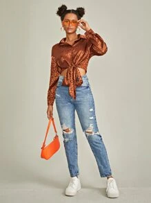 SHEIN 落肩袖下擺打結豹紋緞面襯衫 - 鏽棕色 - 查看 2