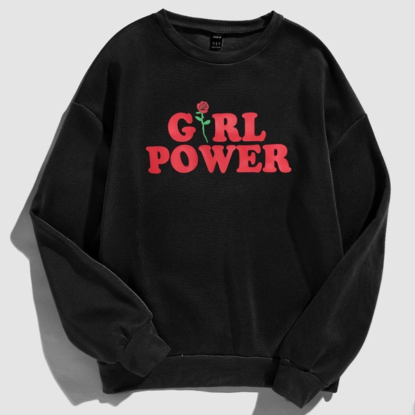 

Plus Floral & Letter Graphic Drop Shoulder Sweatshirt, Black