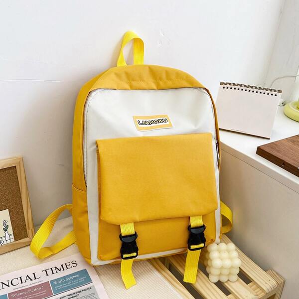 

Two Tone Letter Patch Double Pocket Backpack, Multicolor