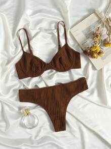 Solid Textured Underwire Bra & Panty Lingerie Set - Chocolate Brown - View 1