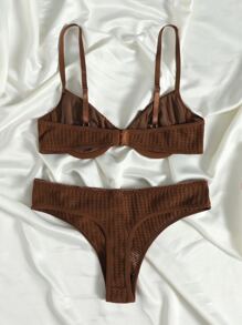 Solid Textured Underwire Bra & Panty Lingerie Set - Chocolate Brown - View 2