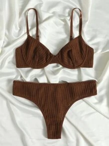 Solid Textured Underwire Bra & Panty Lingerie Set - Chocolate Brown - View 5