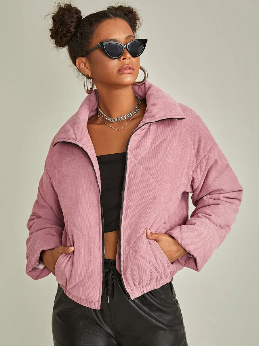 SHEIN Slant Pocket Drop Shoulder Zipper Corduroy Padded Coat - Dusty Pink - View 1