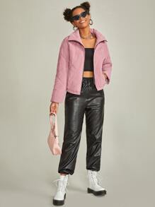 SHEIN Slant Pocket Drop Shoulder Zipper Corduroy Padded Coat - Dusty Pink - View 3