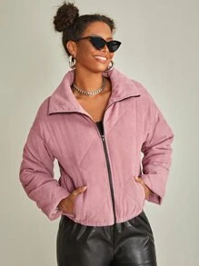 SHEIN Slant Pocket Drop Shoulder Zipper Corduroy Padded Coat - Dusty Pink - View 4