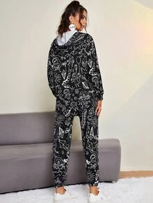 SHEIN Cartoon Graphic Zip Half Placket Jumpsuit - Black - View 2