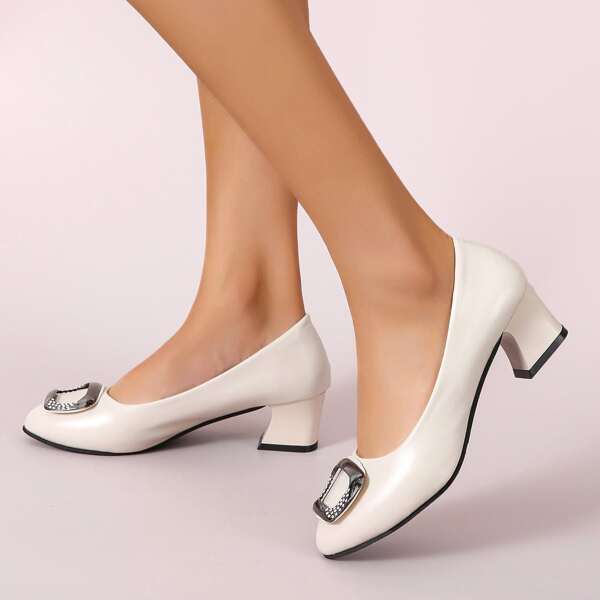

Metallic Decor Chunky Court Pumps, Beige