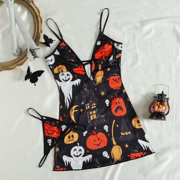 

Halloween Print Slips With Thong, Black
