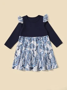 Niñitas Vestido con estampado tropical ribete con fruncido - Multicolor - Ver 1