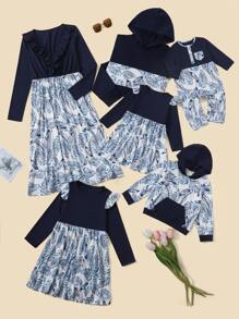 Niñitas Vestido con estampado tropical ribete con fruncido - Multicolor - Ver 3