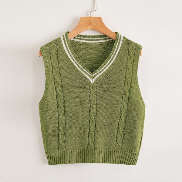 

V Neck Striped Sweater Vest, Olive green